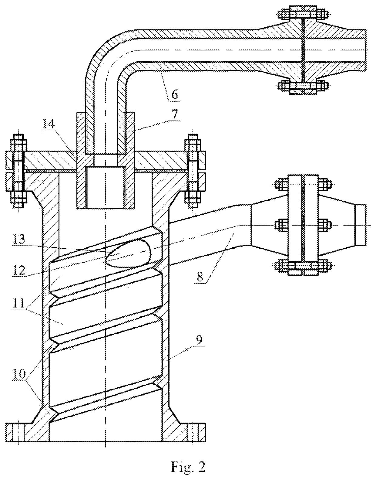 Compact l-shaped cylinder-cone combined tubular three-stage axial flow degassing device