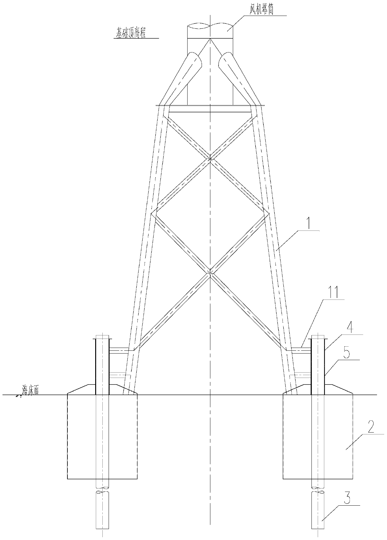 Offshore wind-driven generator multi-pile-suction barrel-jacket foundation structure and construction method thereof