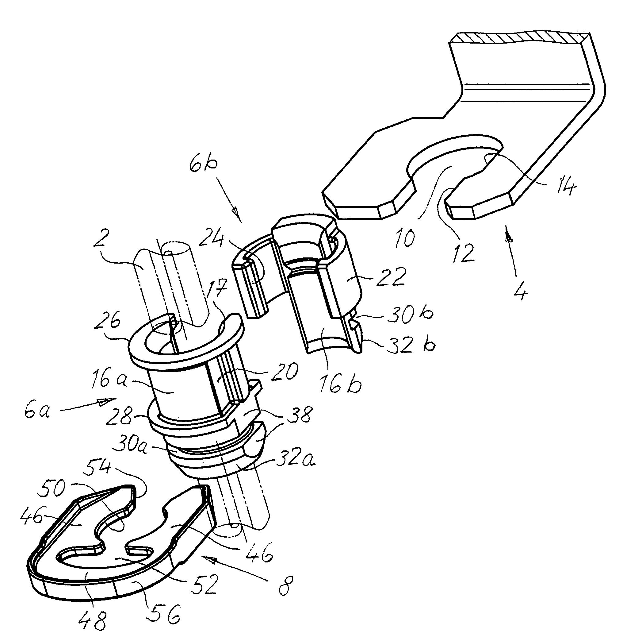 Joining assembly for fixing a tube at a holder