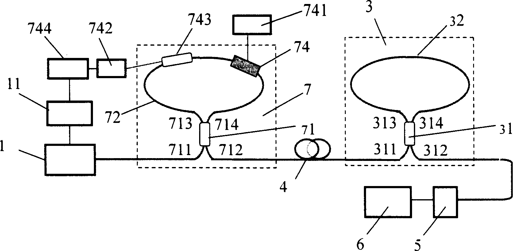 Dying oscillation absorption spectrum detecting and sensing device for all optical fiber cavity