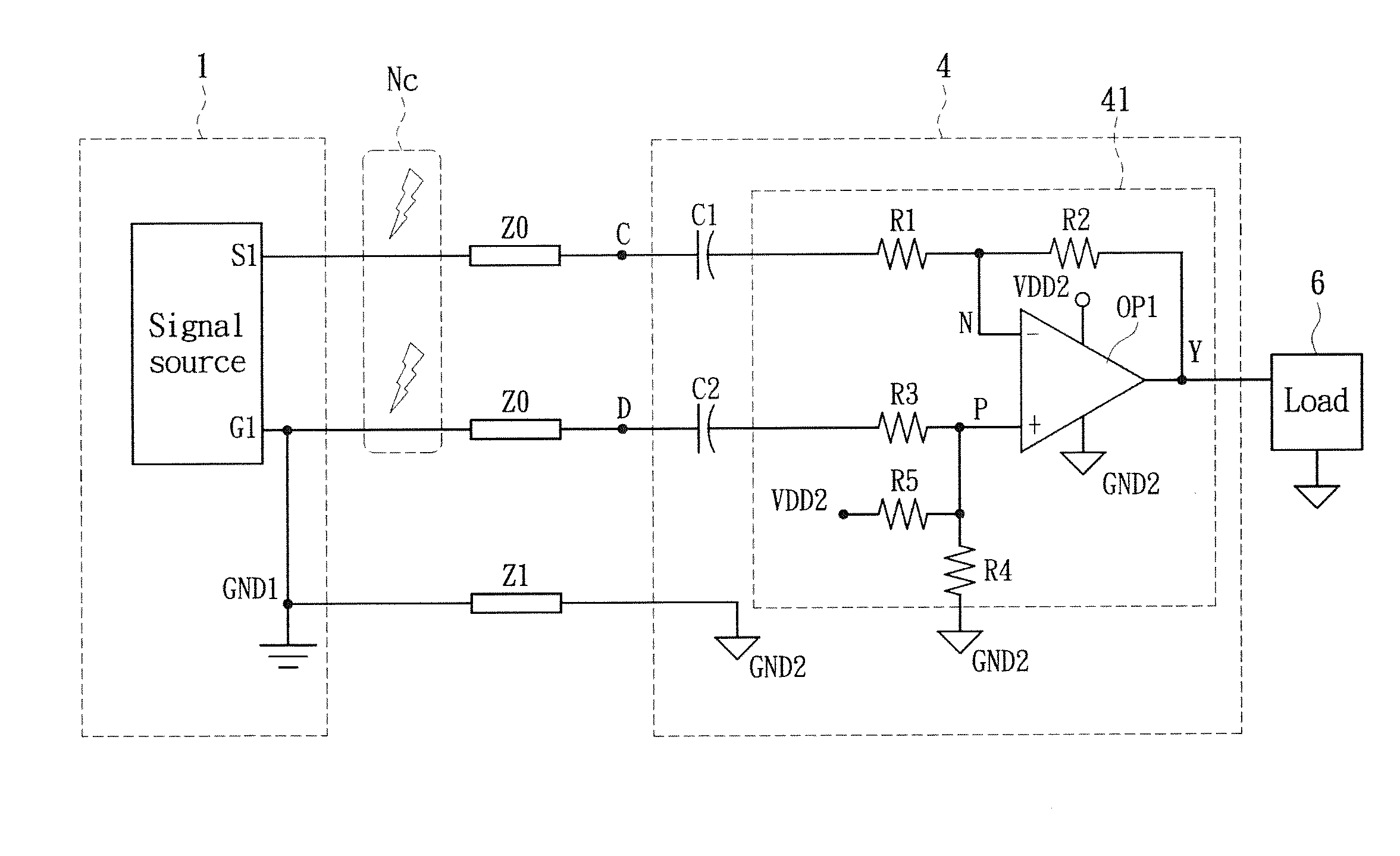 Common mode noise cancellation circuit for unbalanced signals
