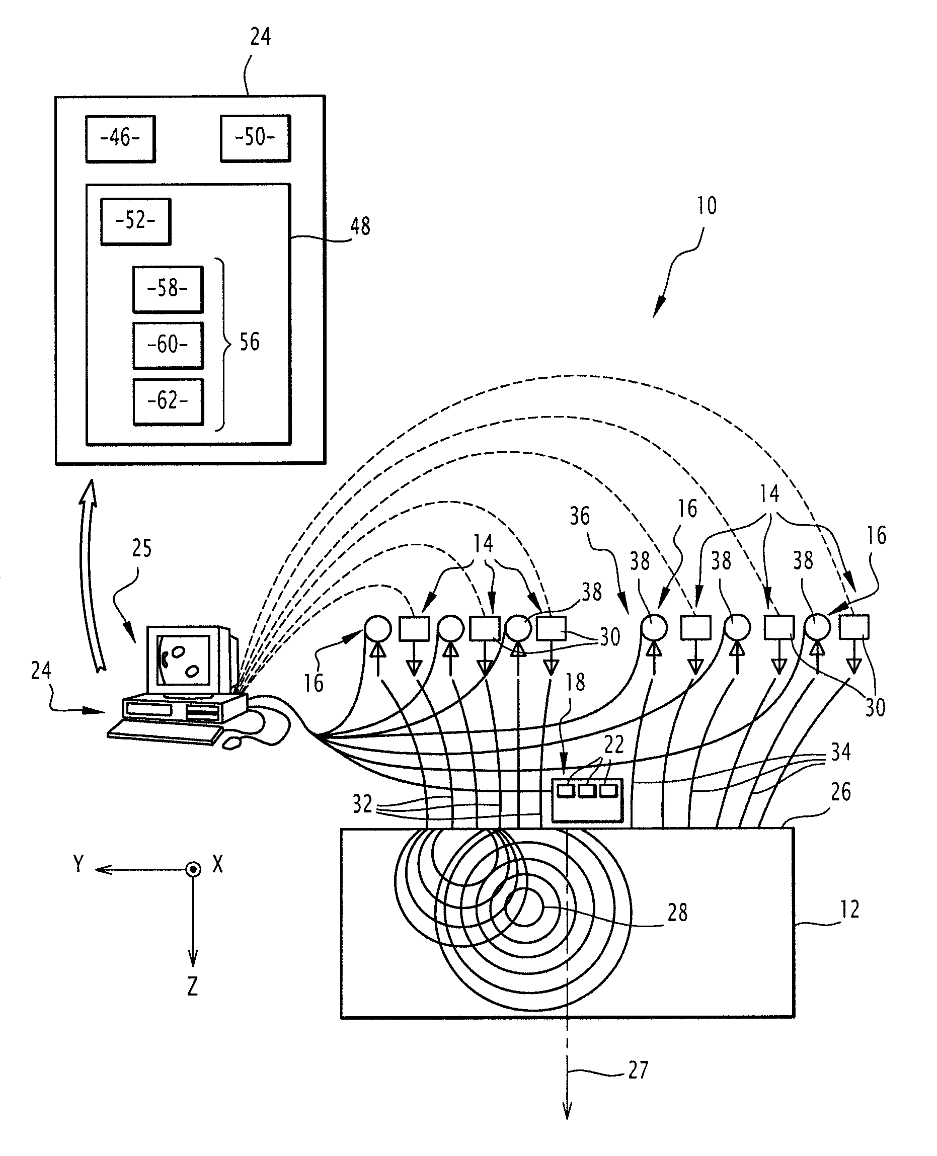 System for reconstructing optical properties in a diffusing medium, comprising a pulsed radiation source and at least two detectors of two different types, and associated reconstruction method