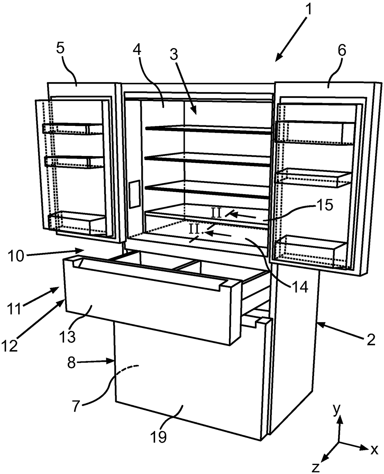 Domestic refrigeration appliance with specific front-side lowering segment of a compartment floor