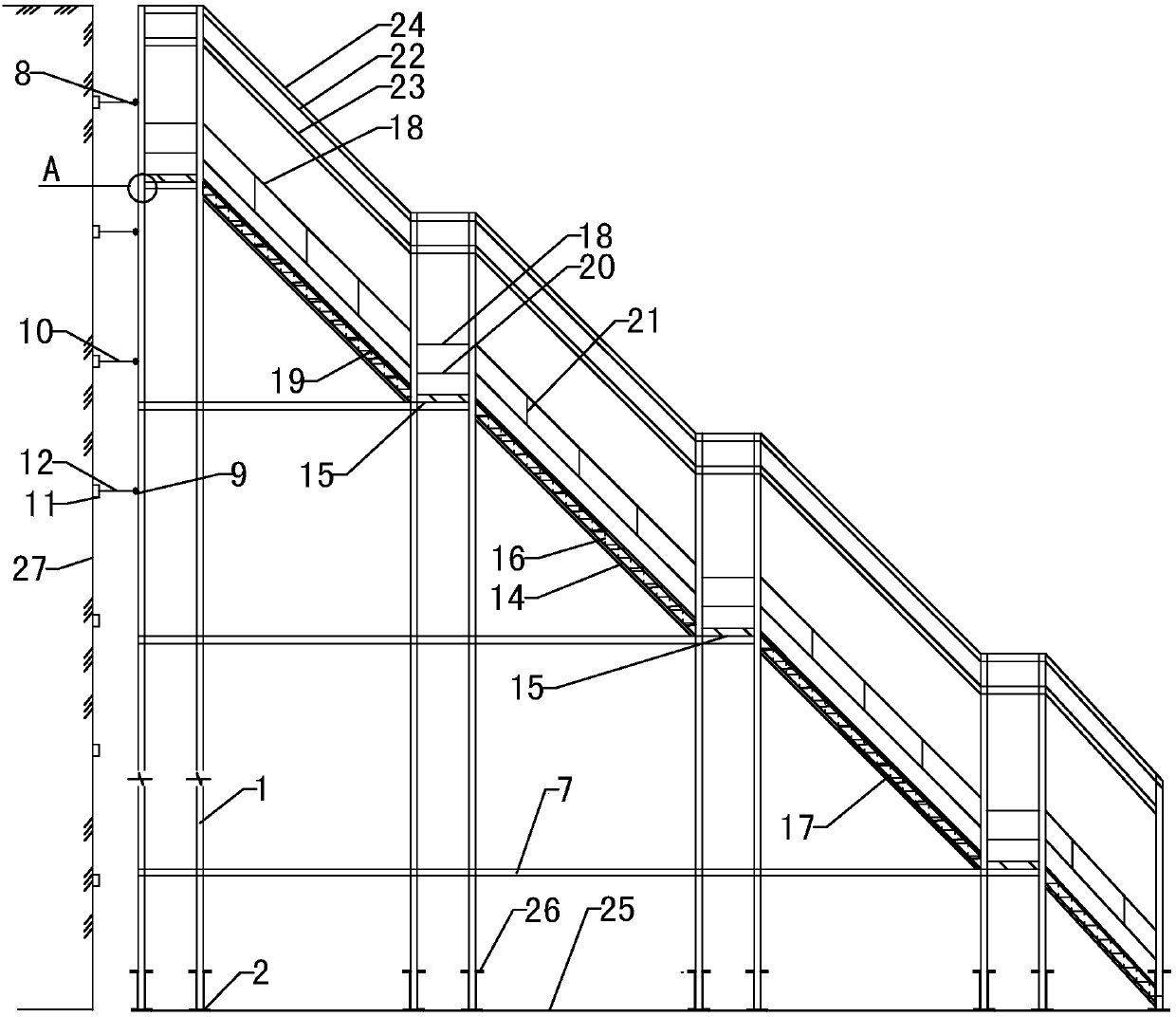 Stepping stair section channel for underground deep large engineering construction and construction method thereof