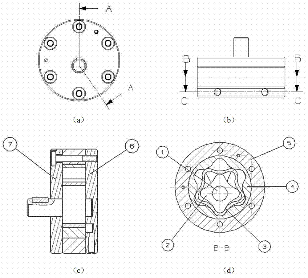 Inside engaged gear pump or gear motor device with multilayer structure