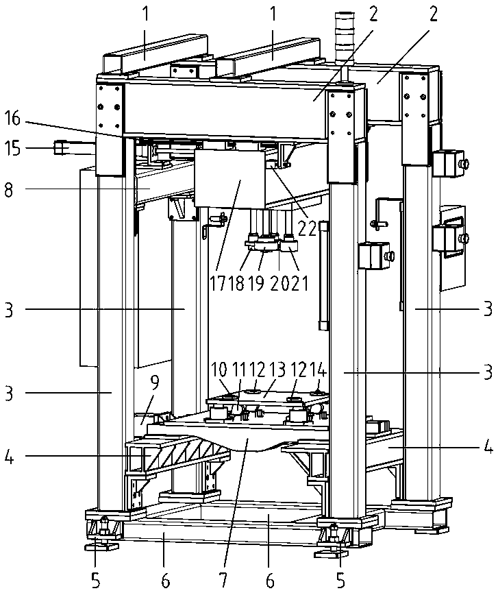 Composite hold-down device for in-line assembly of forklift gearboxes