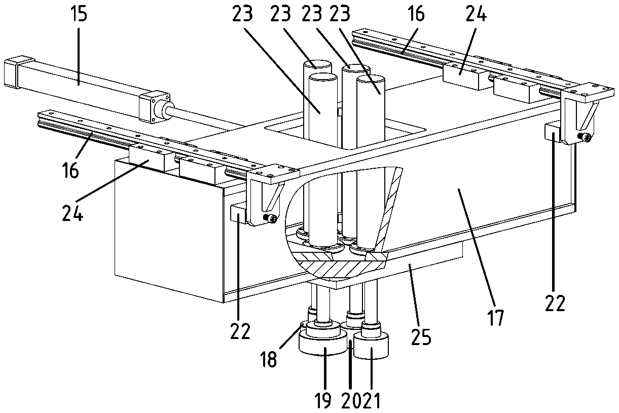 Composite hold-down device for in-line assembly of forklift gearboxes