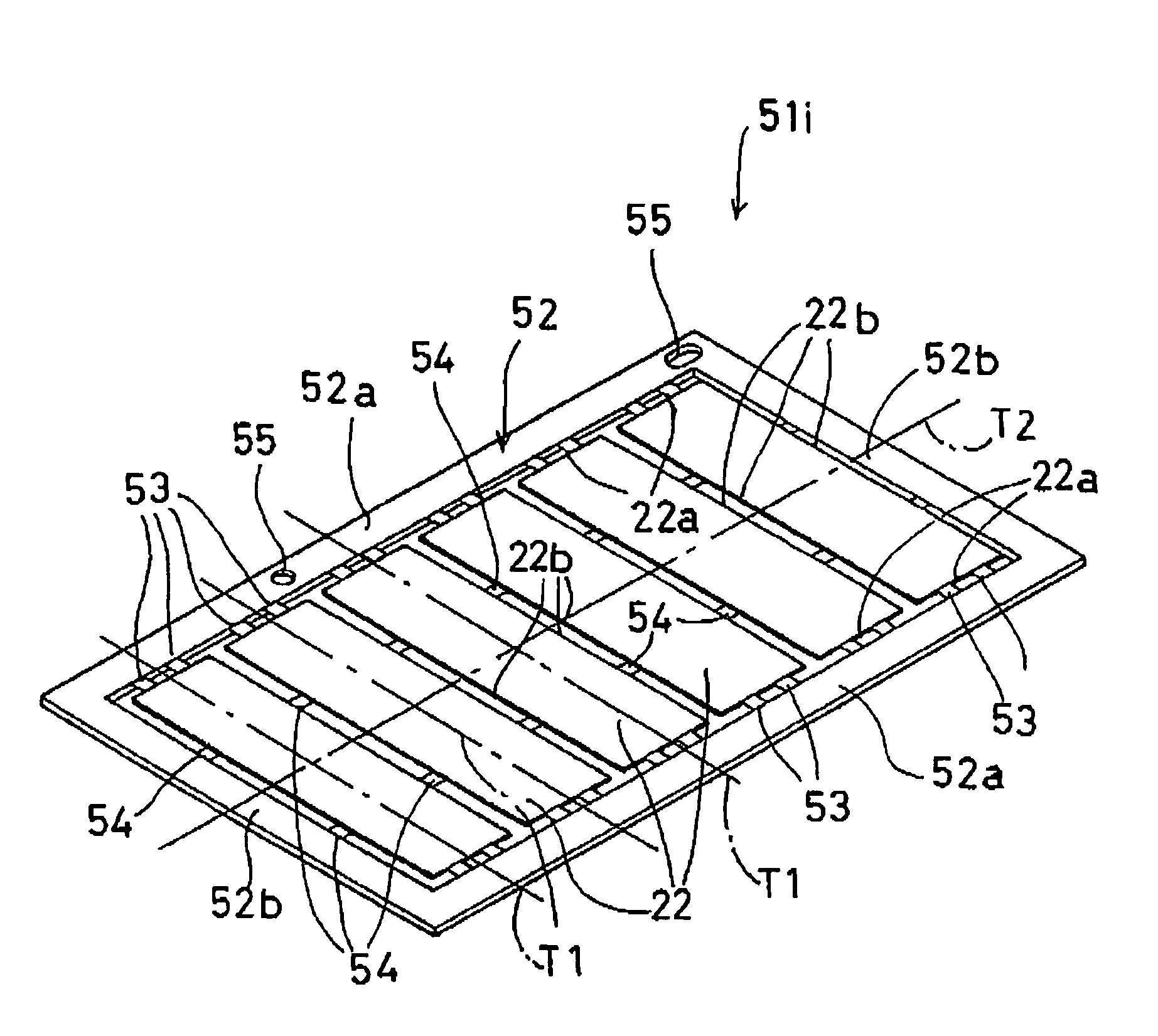 Sheet-member stacked structure, lead frame, lead-frame stacked structure, sheet-member stacked and adhered structure, and ink jet printer head