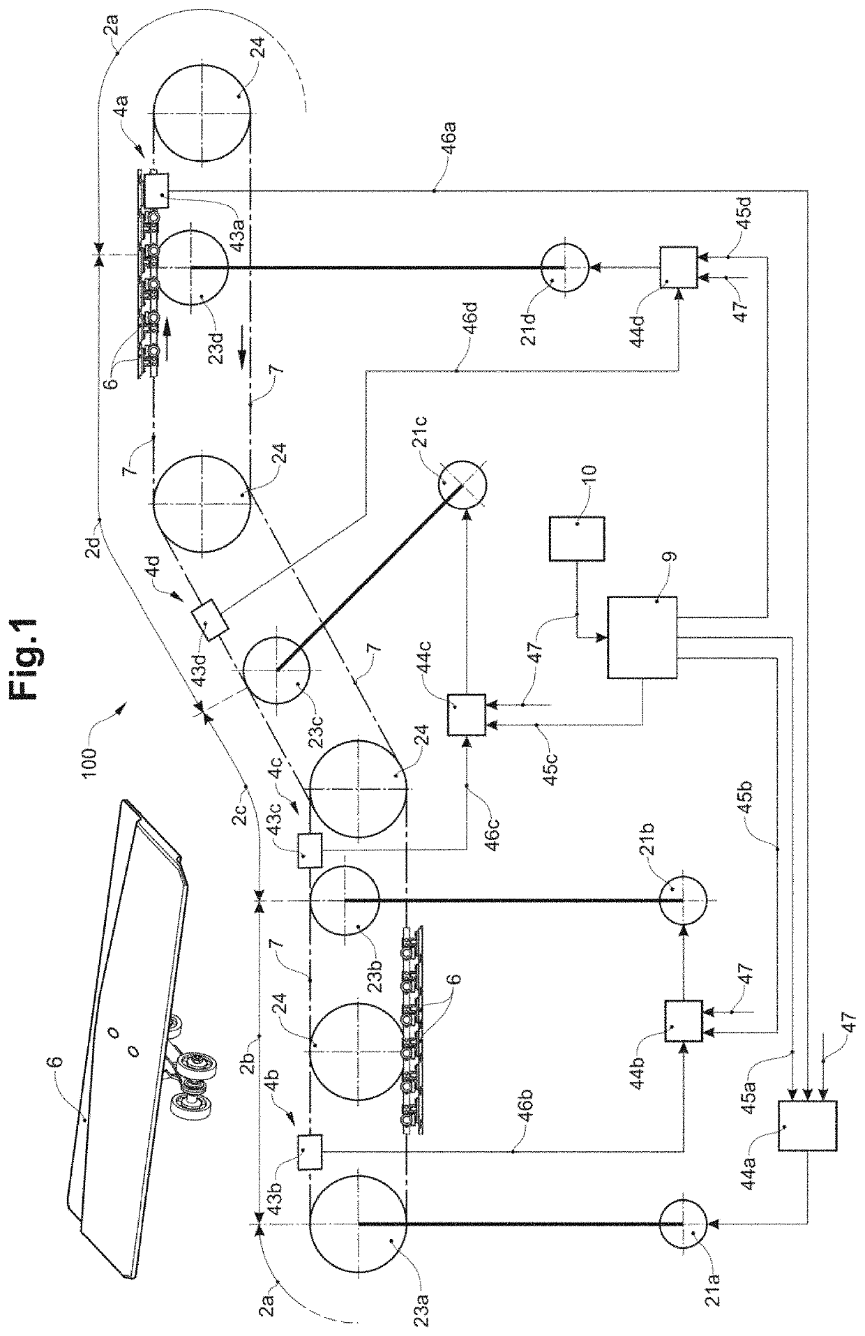 Measuring device for acquiring measurement values for measuring a tension in a conveying system, as well as a conveying unit and a conveying facility