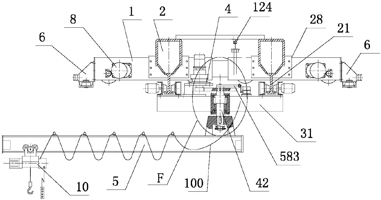 Crane provided with suspension end beam trolley and rotating mechanism adopting opening transmission