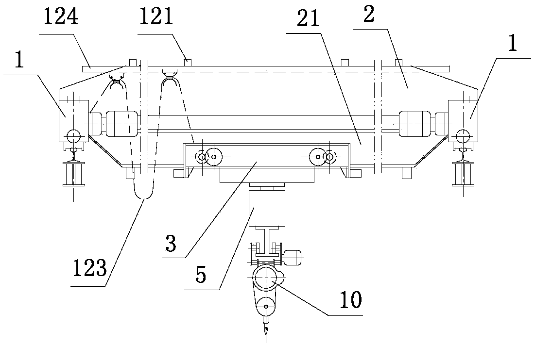 Crane provided with suspension end beam trolley and rotating mechanism adopting opening transmission
