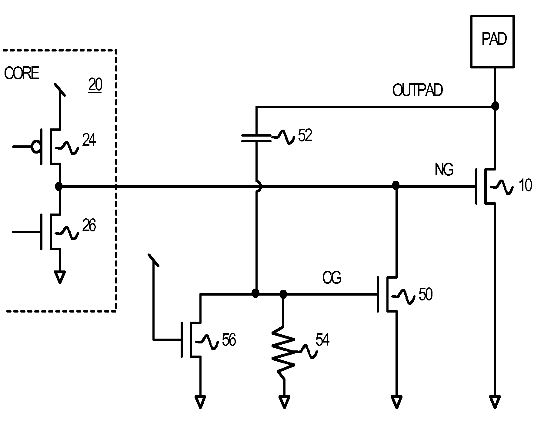 ESD Protection using a Capacitivly-Coupled Clamp for Protecting Low-Voltage Core Transistors from High-Voltage Outputs