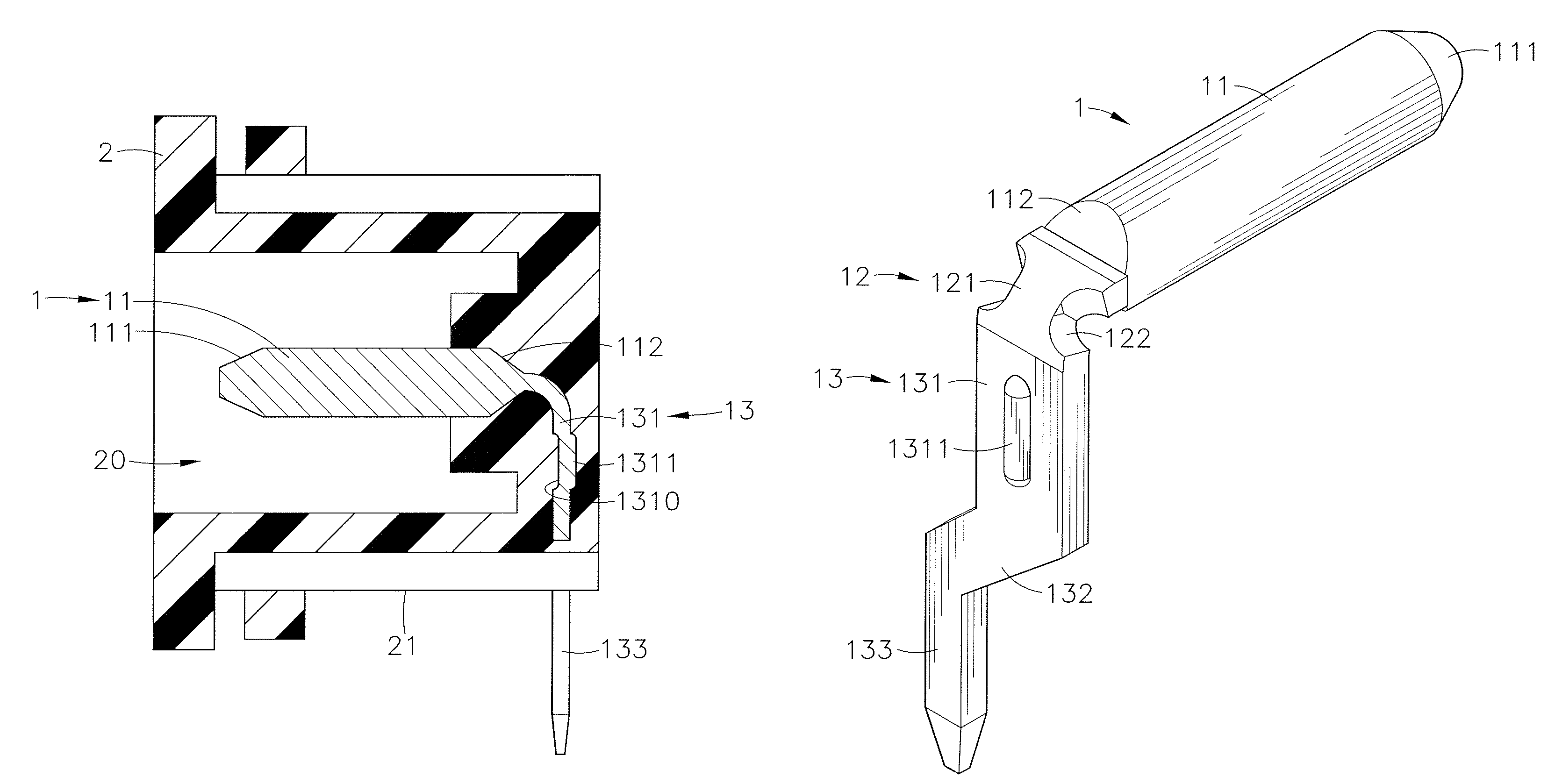 Electric connector having terminals with outwardly extending extension arms