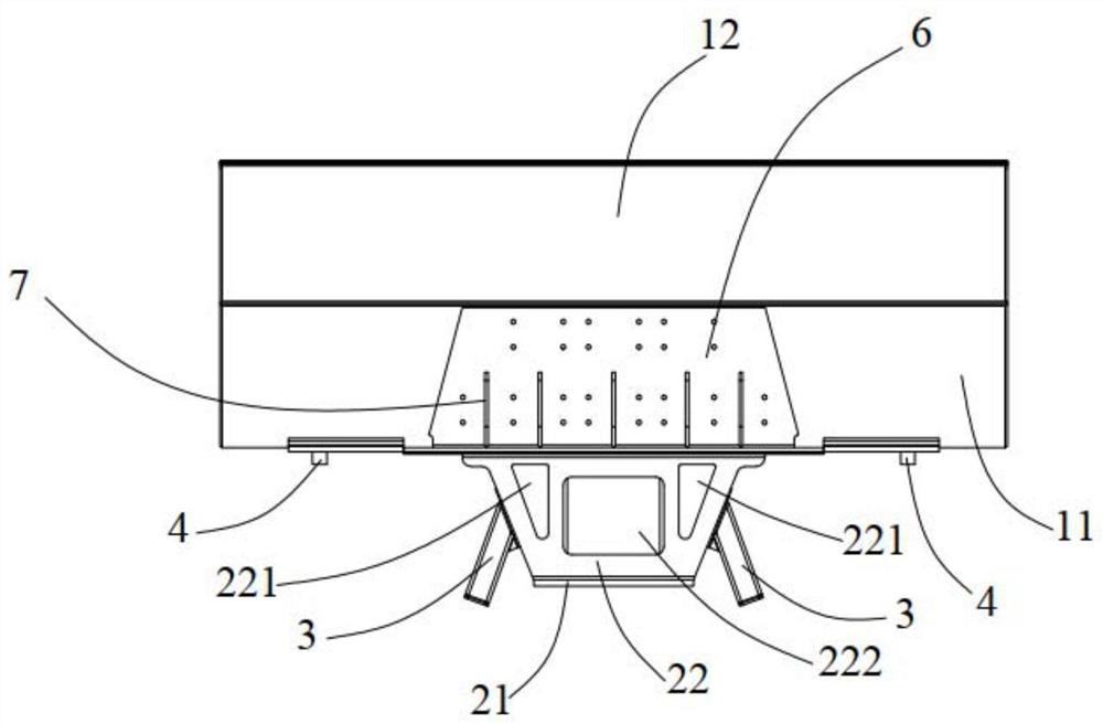 A low-floor tram floating car end beam and lower hinged mounting seat structure