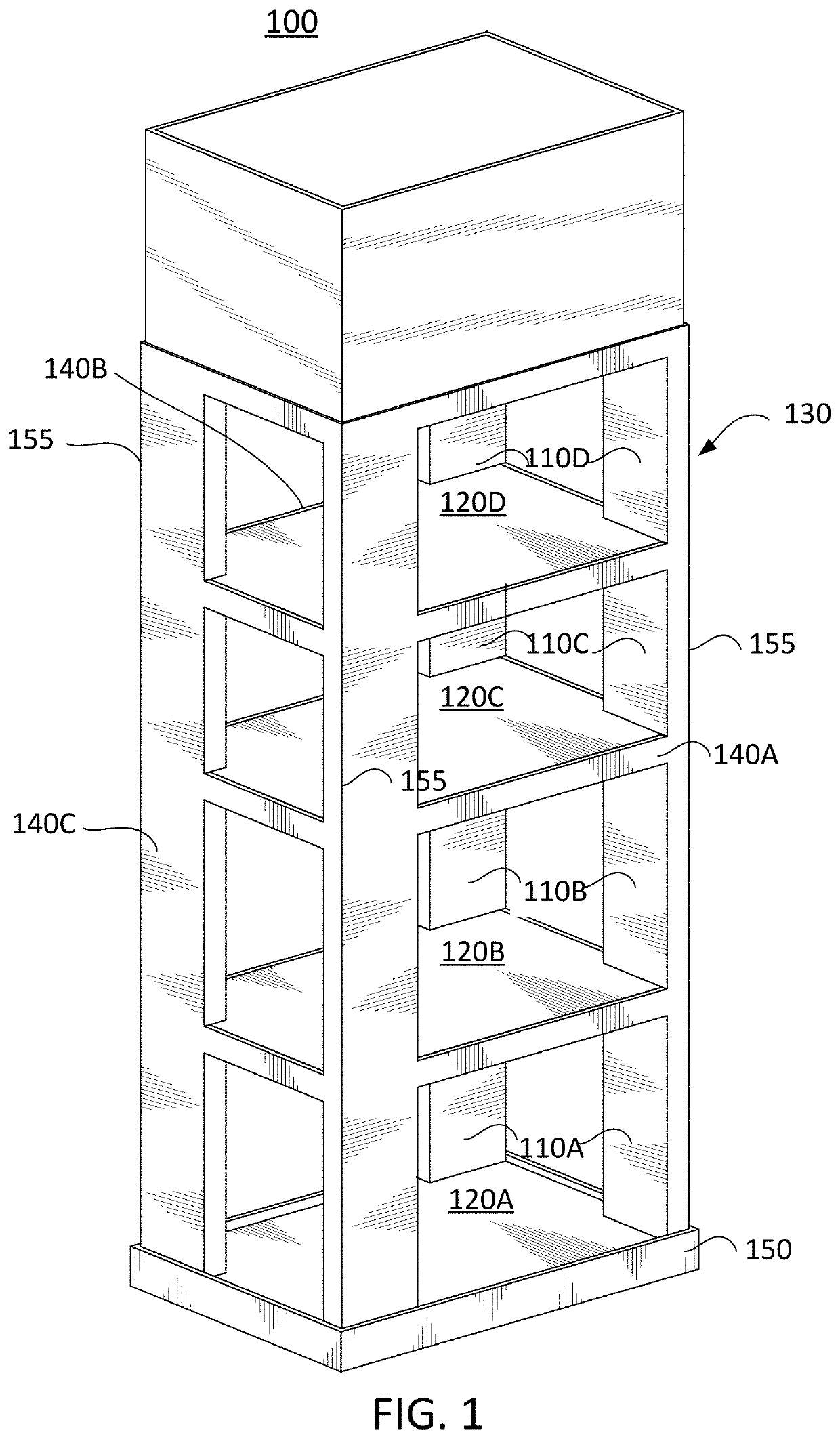 Display unit with built-in shelving supports