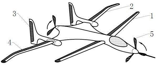 Deformable airplane with front-rear double propeller and front-rear double wing