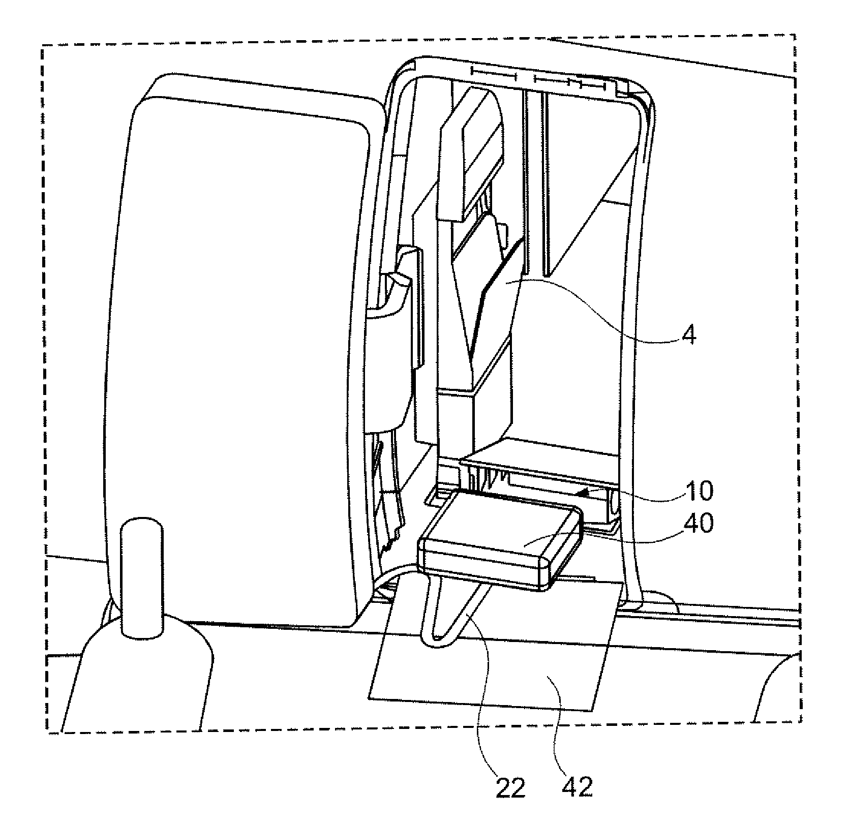 Assembly and method for stowing away and removing a survival kit in a passenger cabin of an aircraft
