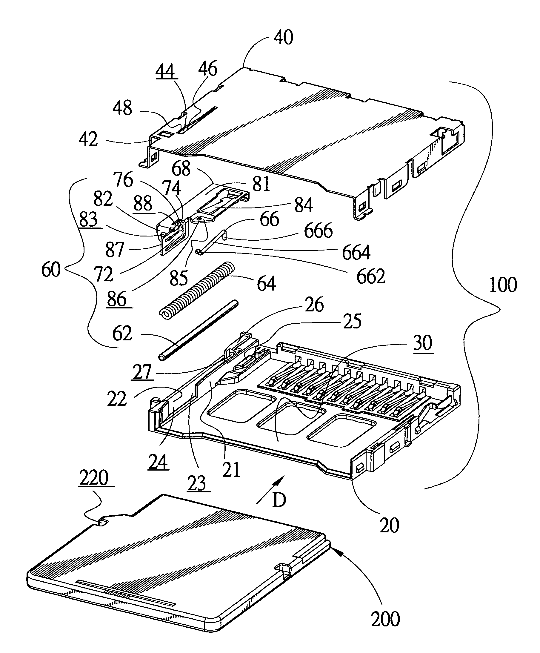 Card connector with two-stage ejection mechanism and card-retaining mechanism