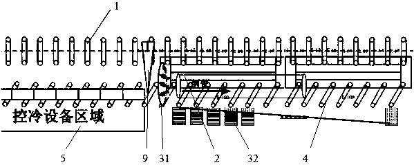 Production device and production method for on-line cooling of steel pipes