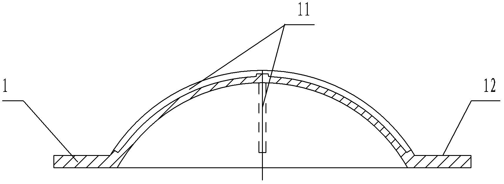 Fragment-free metal arched rupture disk with crossed slot, production device and manufacturing method thereof