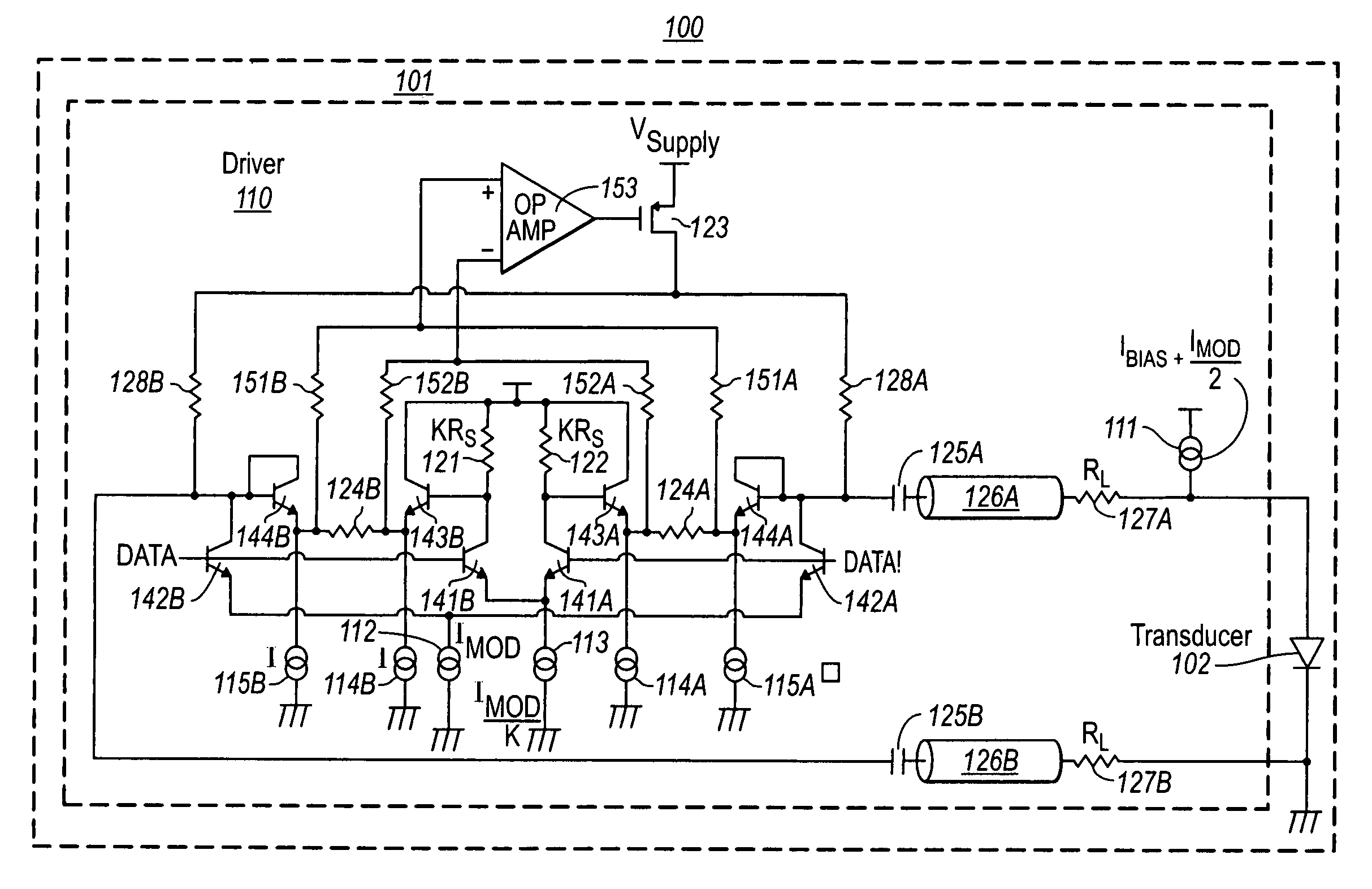 High efficiency active matching electro-optic transducer driver circuit operable with low supply voltages