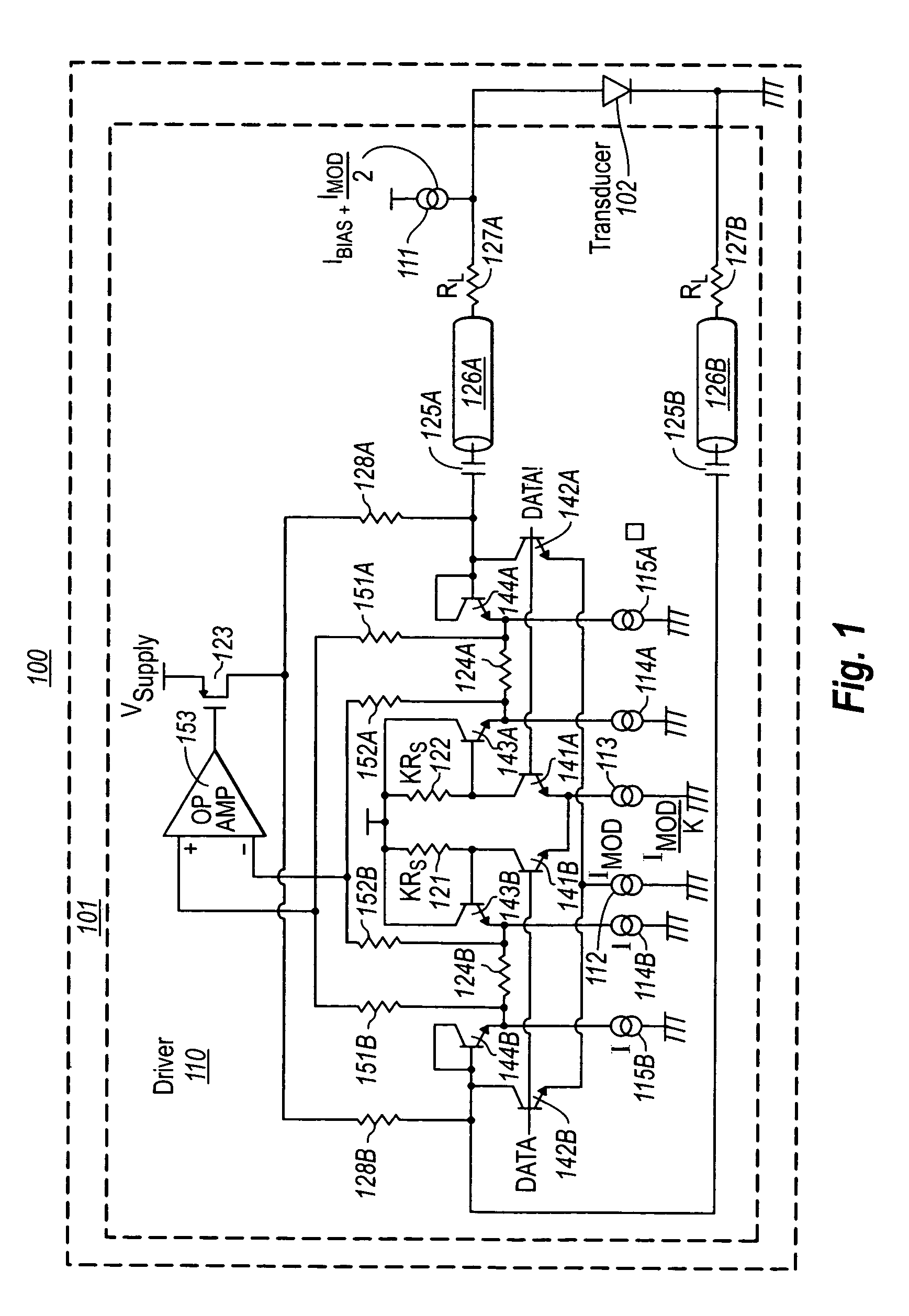 High efficiency active matching electro-optic transducer driver circuit operable with low supply voltages