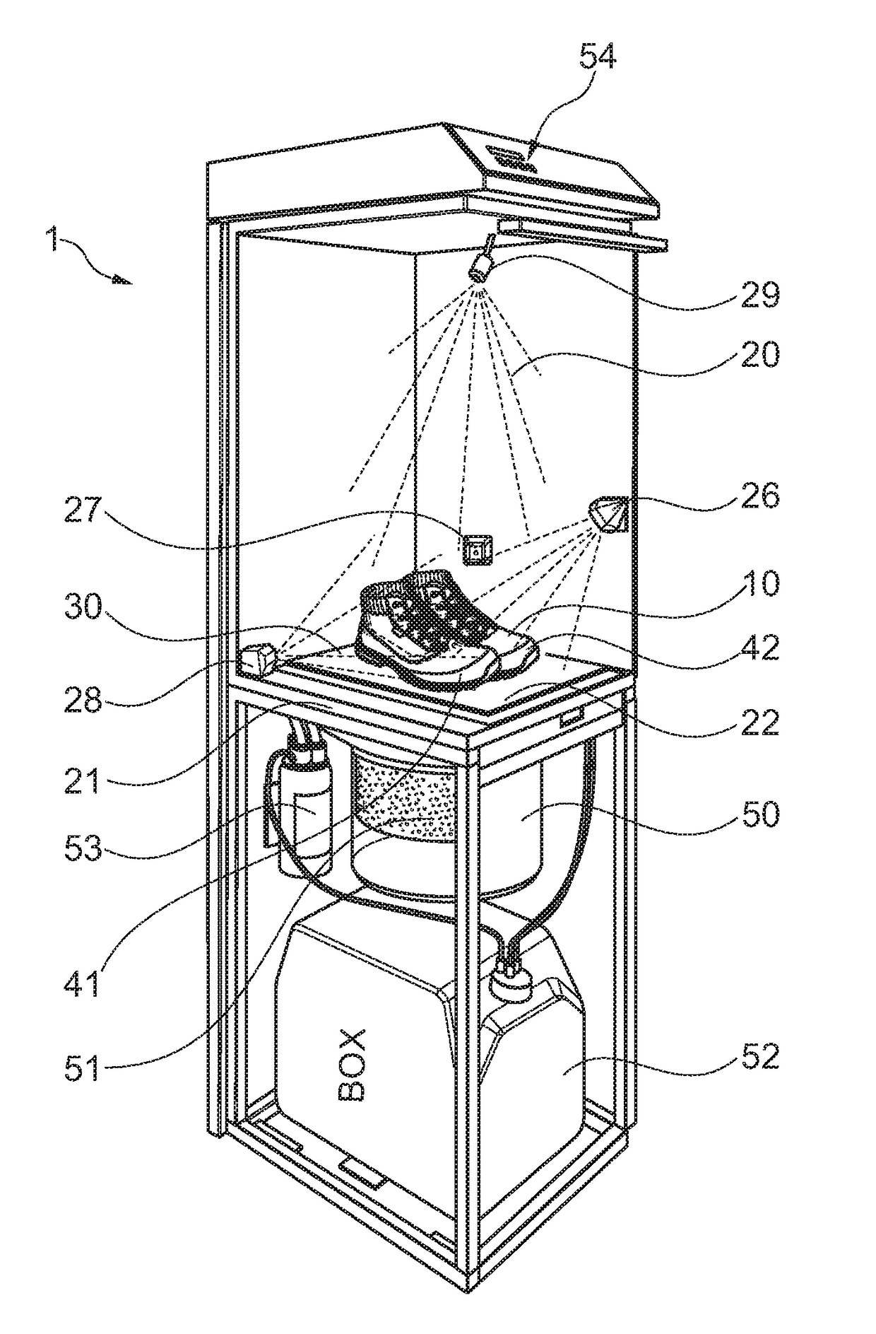 Apparatus and method for applying an impregnating agent onto surfaces of items, in particular footwear