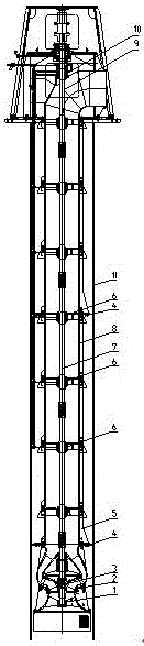Stable supporting structure of long shafting for seawater source heat pump