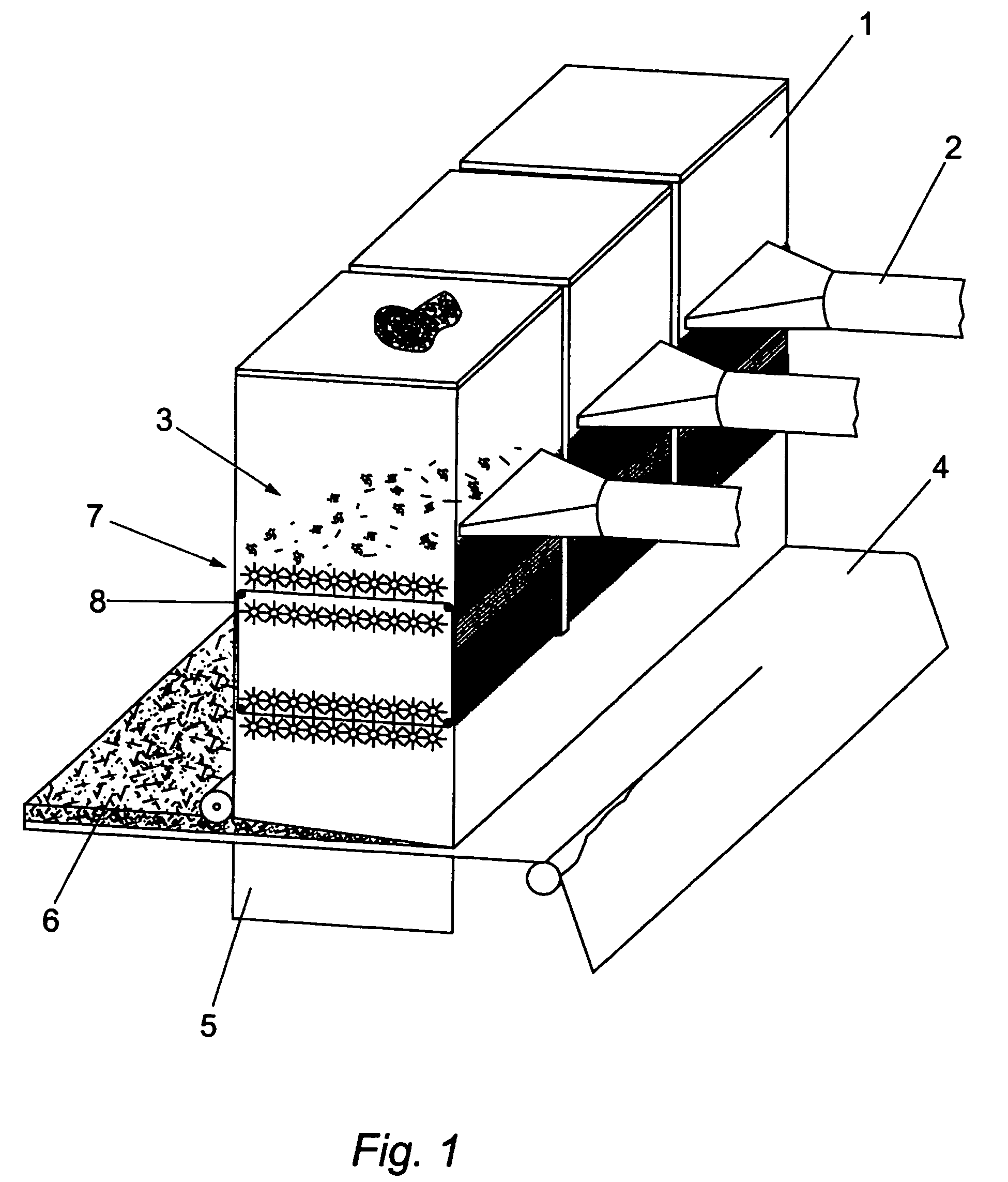 Fiber distribution device for dry forming a fibrous product and method