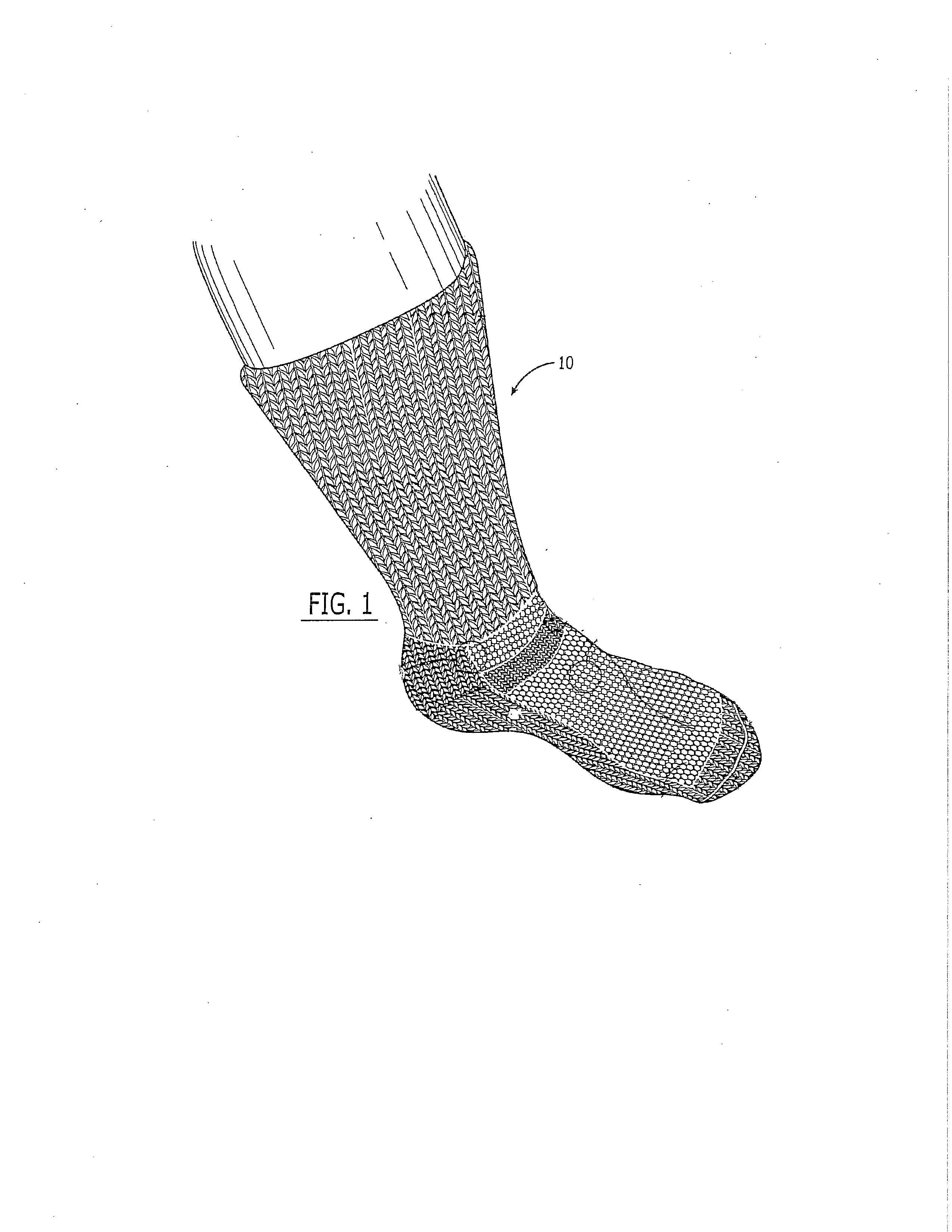 Sock for treatment of foot and leg wounds, methods of use and manufacture