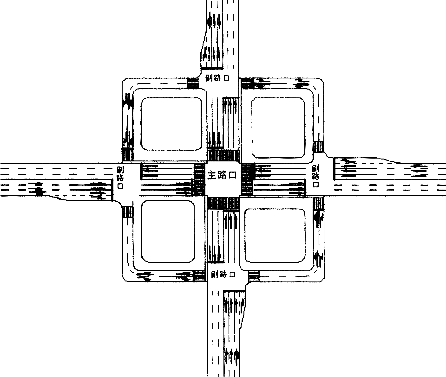 Novel traffic layout and control method for city road net and crossing