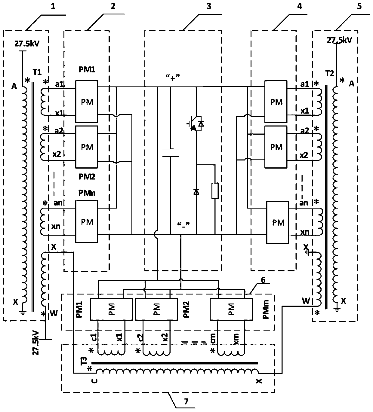 A current conversion device for a flexible automatic phase separation system on the ground of an electrified railway