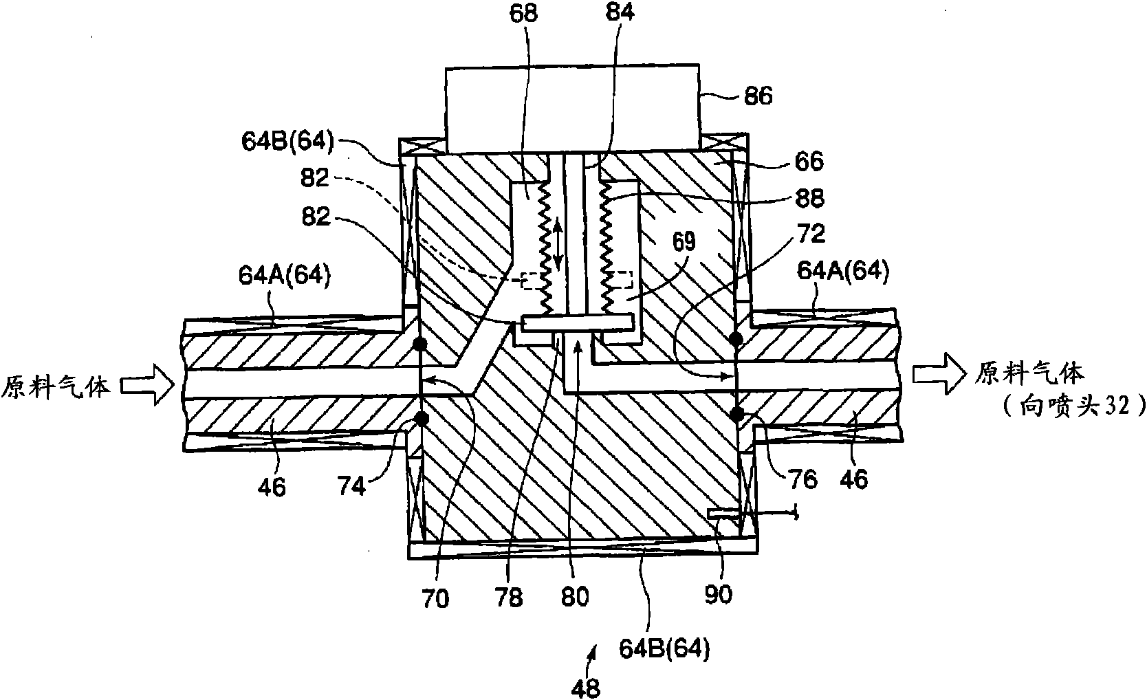 Raw gas supply system, and filming apparatus