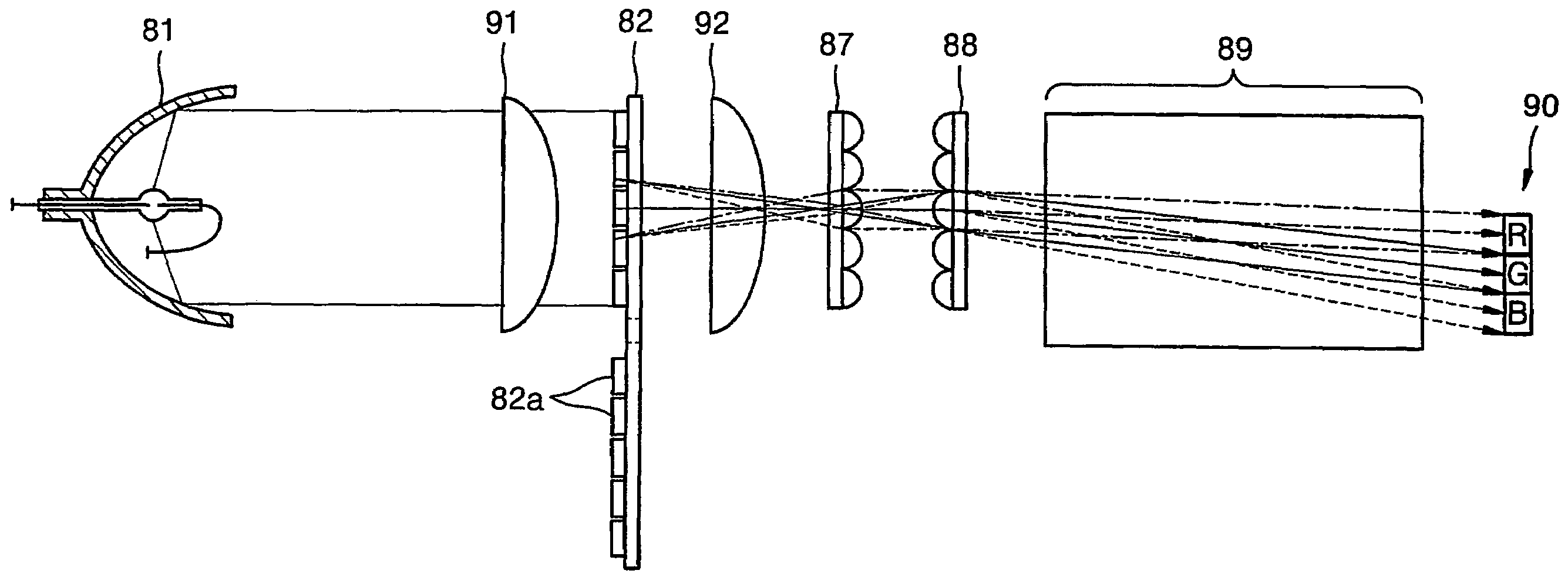 High efficiency lighting system, scrolling unit and projection system employing the same