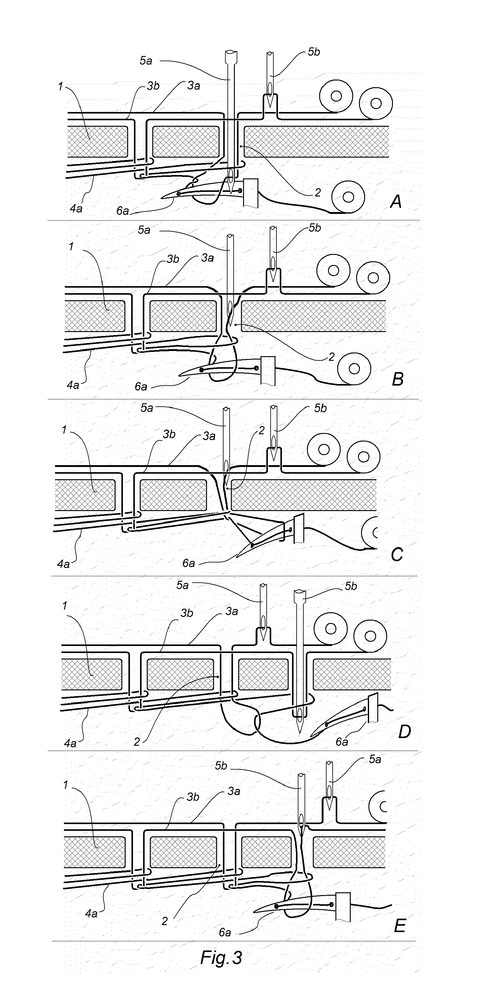 Transformable structure for producing a multi thread single line stitch and method and machine for its realization