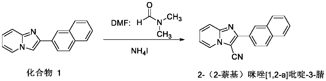 Method for constructing 2-(2-naphthyl)imidazole[1,2-a]pyridine-3-nitrile by taking DMF and ammonium iodide as cyanation reagents