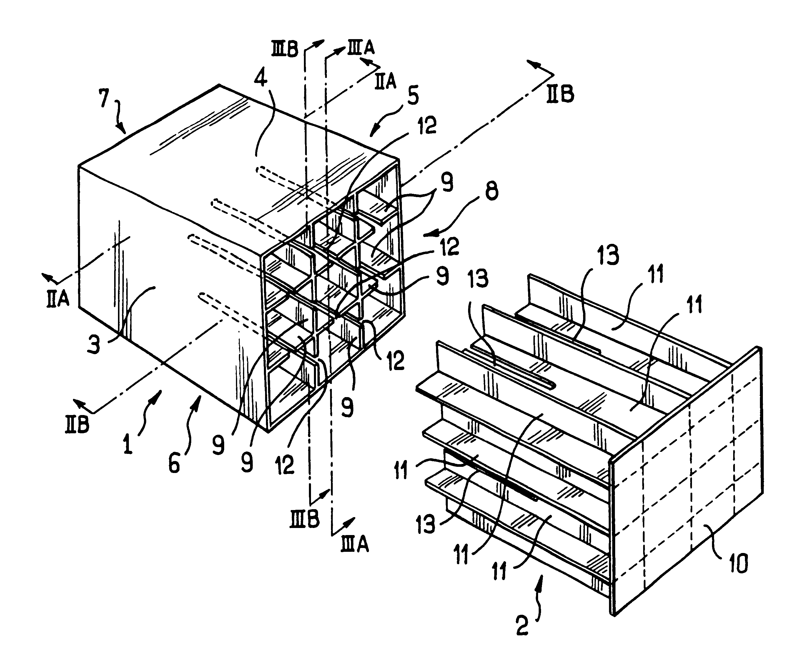 Partitioned impact absorber made of two interfitting blocks, and a bumper beam including such an impact absorber