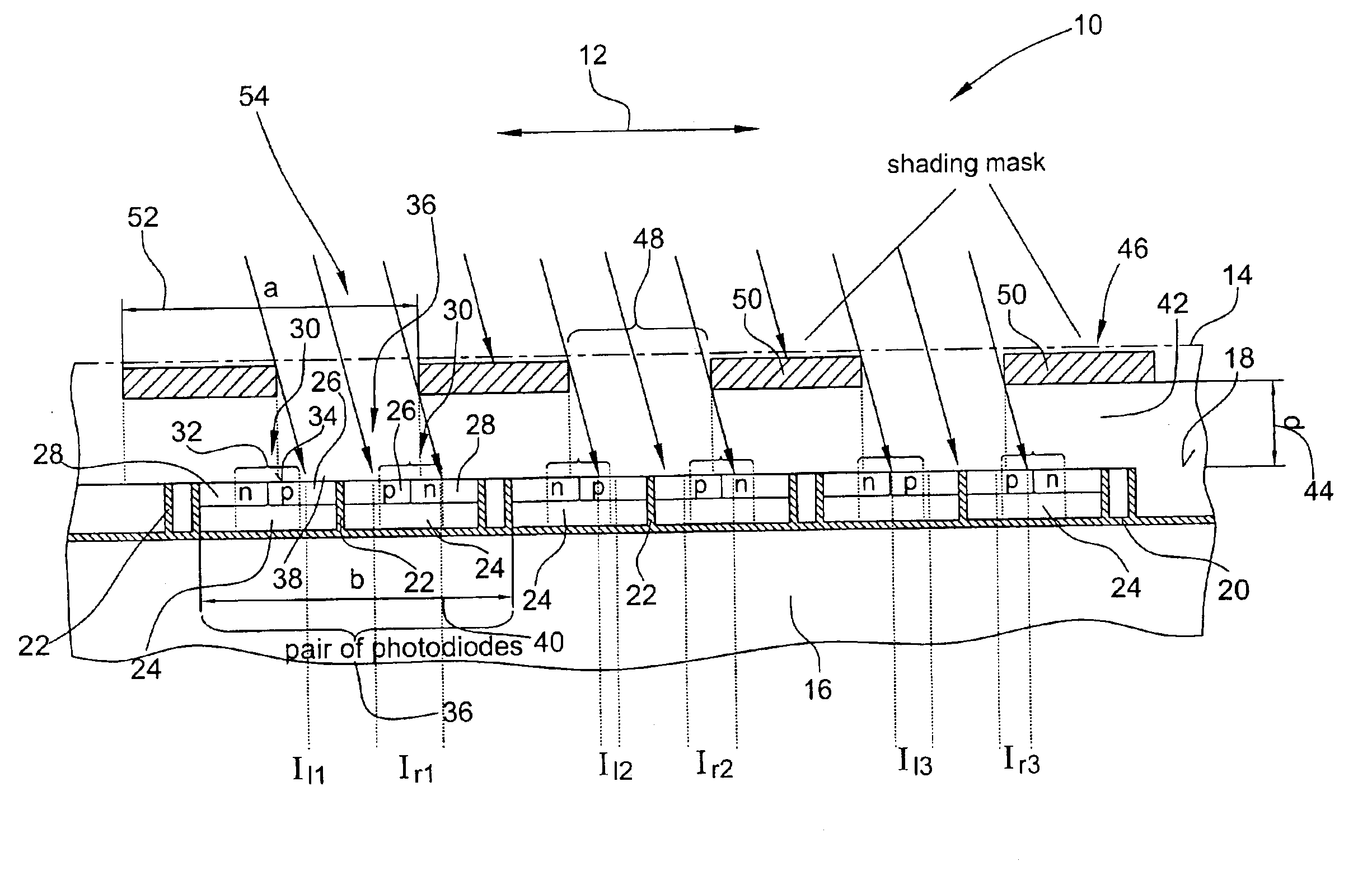 Device for detecting the angle of incidence of radiation on a radiation incidence surface