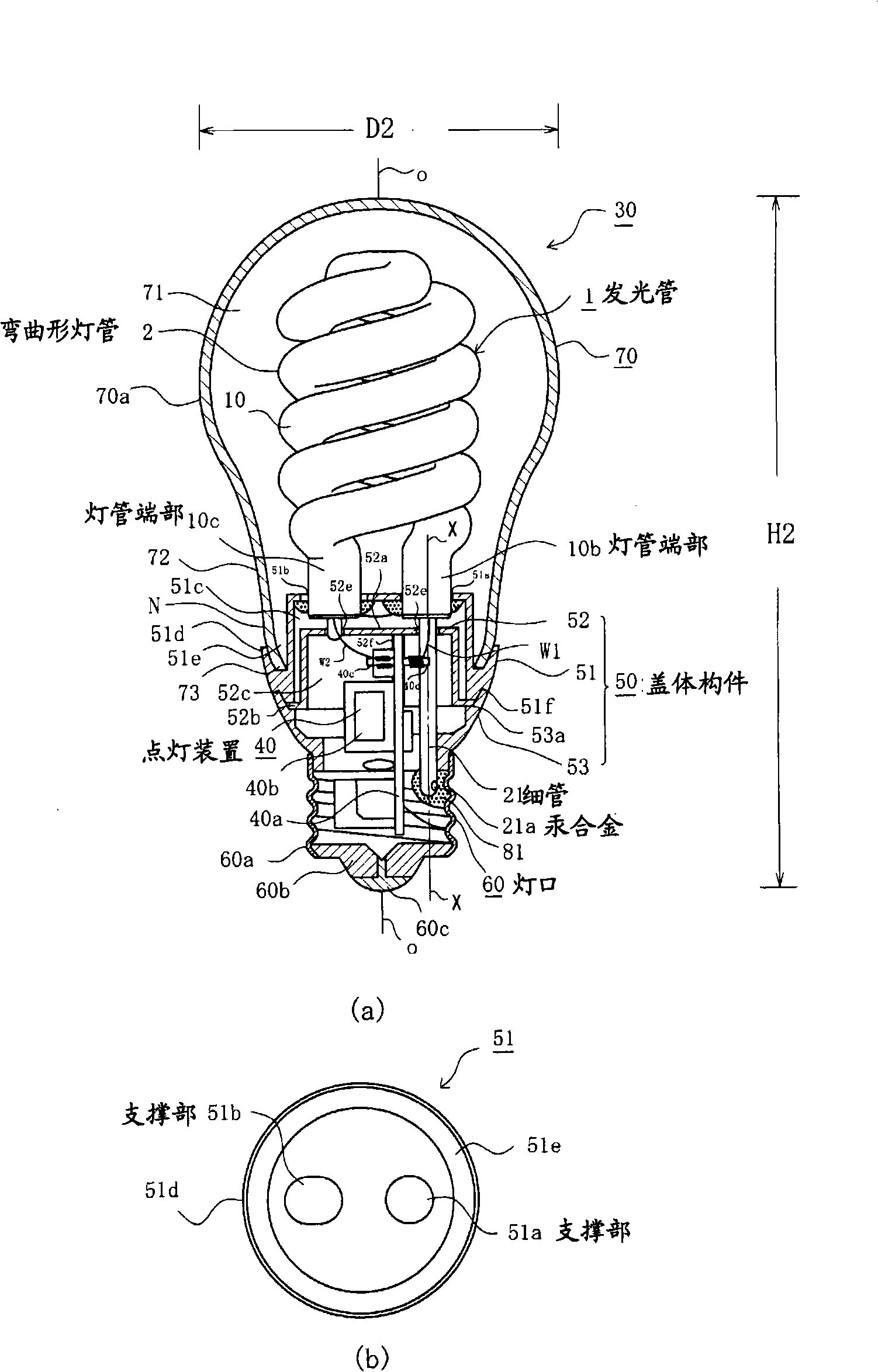 Bulb shaped fluorescent lamp and illumination instrument