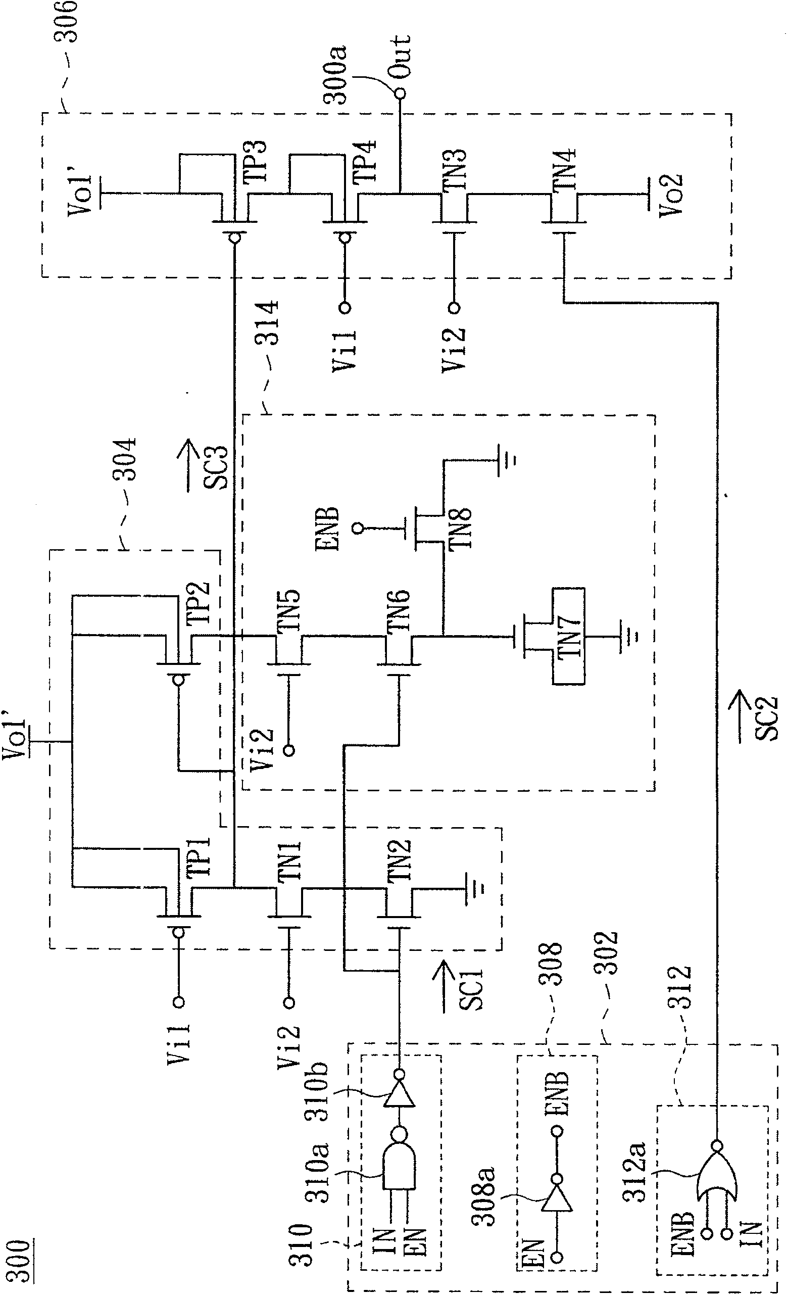 Tri-state buffer prepared from low voltage complementary metal oxide semiconductor