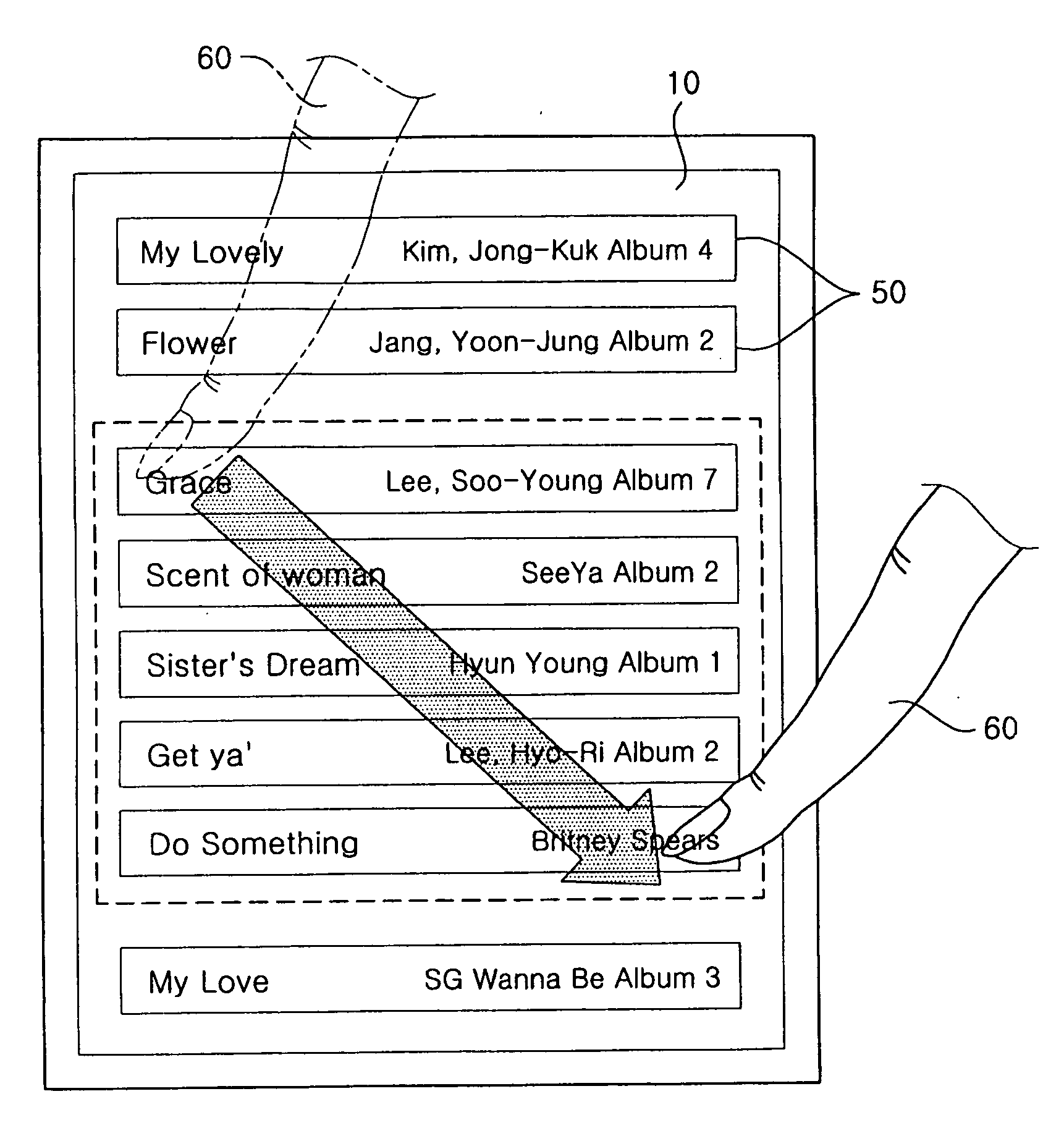 Touch screen device and method of selecting files thereon