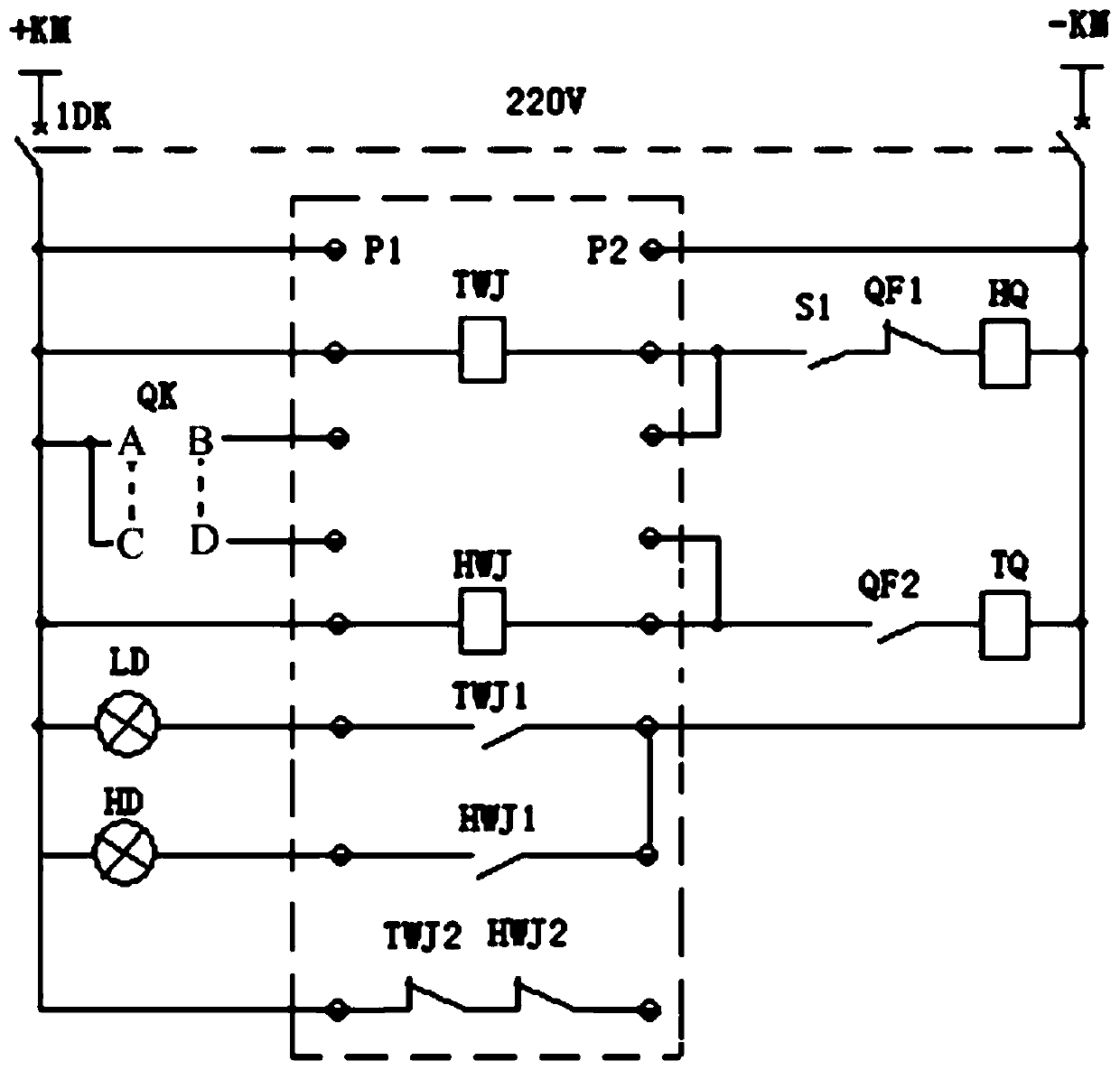 Circuit breaker switching-on/off control loop broken line monitoring warning circuit