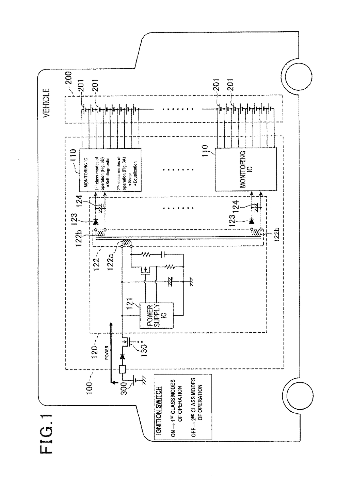 Battery monitoring apparatus with monitoring integrated circuit selectively powered by a high voltage battery or low voltage power supply powered by a low voltage battery
