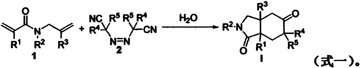 Free radical cyclization reaction method of 1, 6-diene and azoalkyl nitrile in water phase