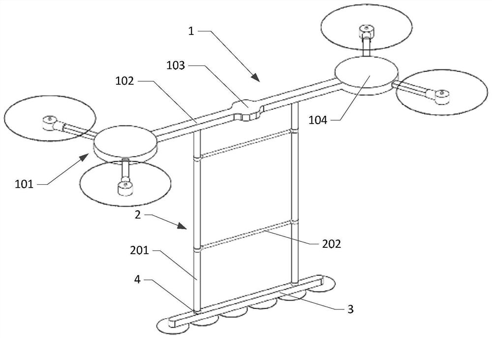 Tree barrier cleaning flying robot with separated rotor wings and suspended cutters