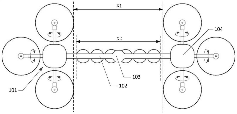 Tree barrier cleaning flying robot with separated rotor wings and suspended cutters