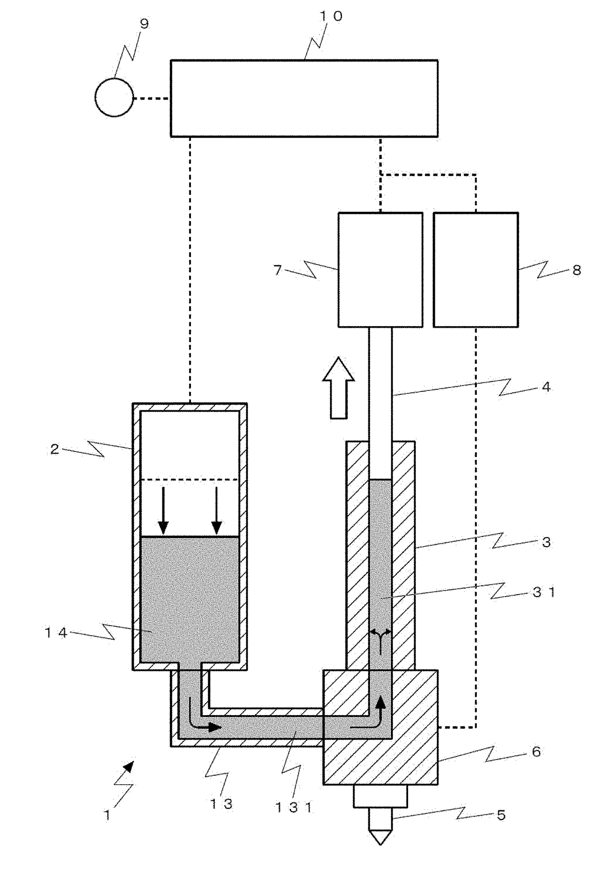 Discharge device and discharge method for liquid material containing solid particles, and coating device