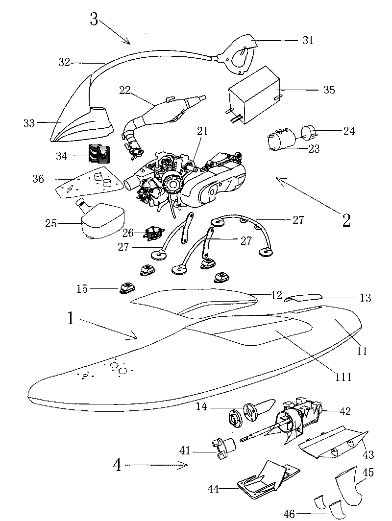 Petrol engine power surfboard with improved structure