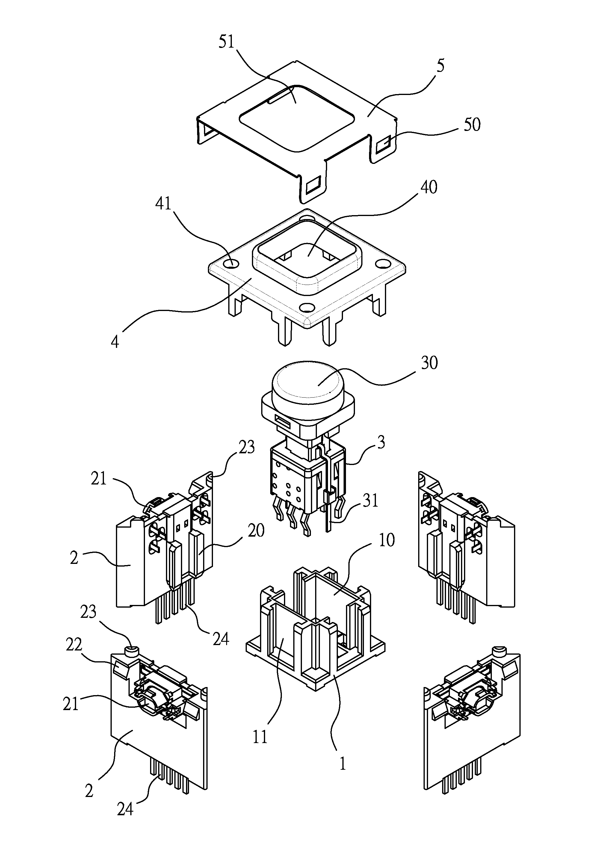 Five-direction switch base structure