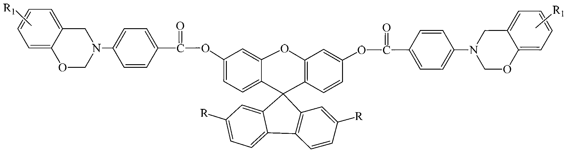 Spirofluorene xanthene benzoxazine containing benzoyloxy group and preparation method thereof
